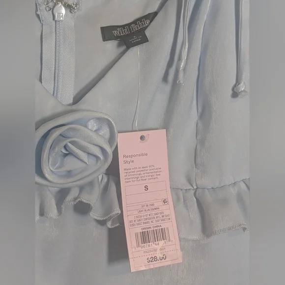 🌸 NWT Wild Fable Ruffled Satin Mini Dress - Light Blue Slip Dress - Size Small - Picture 6 of 8